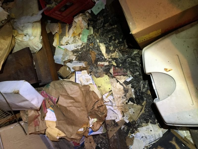 View of destroyed room with animal waste and trash from above